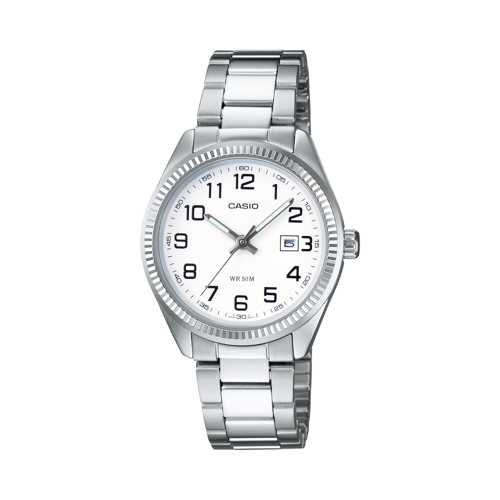 Collection Timeless - LTP-1302PD-7BVEG - Montre Casio – montre analogique, boîtier à placage ionique, tons blanc et argent, bracelet en acier inoxydable – vue de face