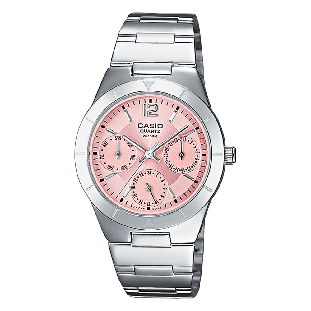 Collection Timeless - LTP-2069D-4AVEG - Montre Casio – boîtier en acier inoxydable argenté, cadran rose-rouge à trois compteurs, bracelet en acier – vue de face