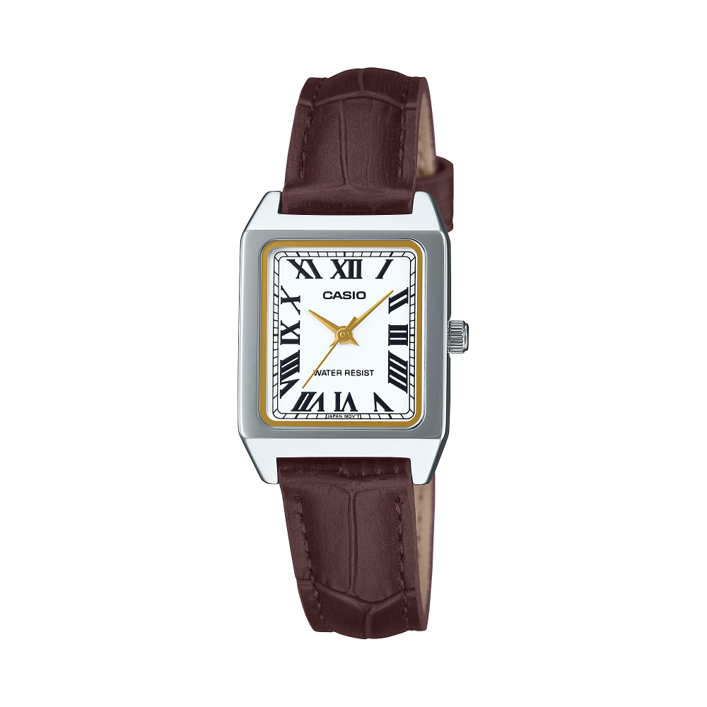 Collection Timeless - LTP-B150L-7B2EF - Montre Casio – petite montre carrée, boîtier en acier inoxydable argenté, index en chiffres romains, bracelet en cuir – vue de face