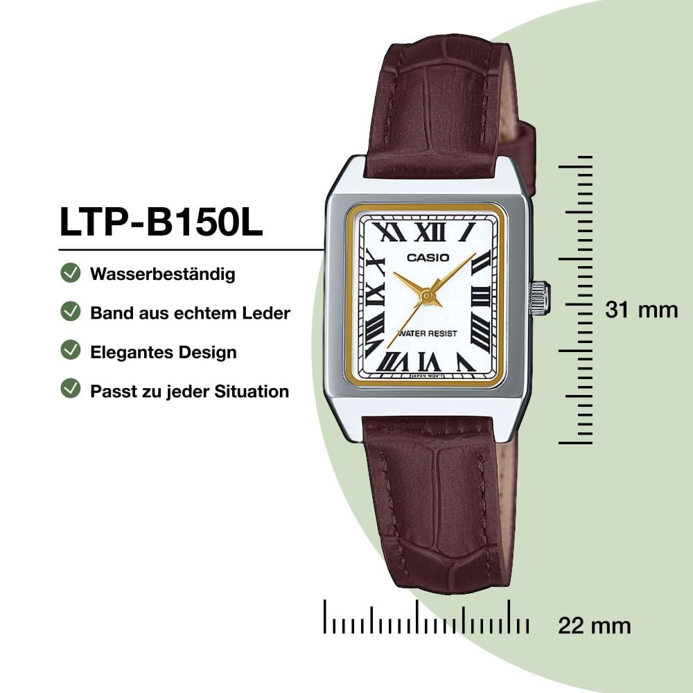 Collection Timeless - LTP-B150L-7B2EF - Montre Casio – petite montre carrée, boîtier en acier inoxydable argenté, index en chiffres romains, bracelet en cuir – vue 3
