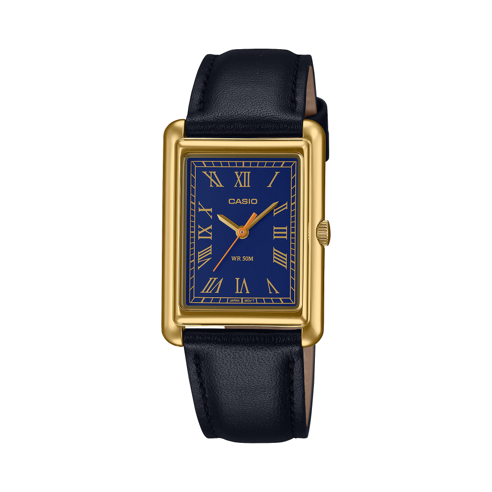 Collection Timeless - LTP-B165GL-2BVEF - Montre Casio – boîtier carré doré, cadran à chiffres romains, bracelet en cuir – vue de face