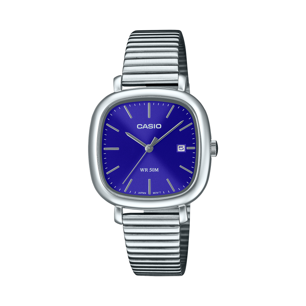 Collection Timeless - LTP-B166D-2AVEF - Montre Casio – montre analogique, boîtier en acier inoxydable argenté, cadran bleu, bracelet en acier – vue de face