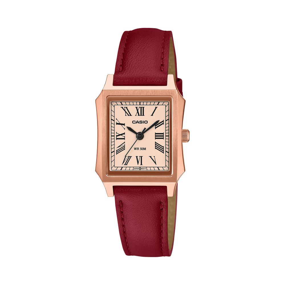Collection Timeless - LTP-B190RGL-4BVER - Montre Casio – petit boîtier à placage ionique rose doré, bracelet en cuir véritable – vue de face