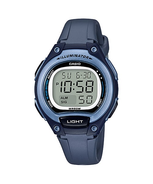 Collection Timeless - LW-203-2AVEF - Montre Casio – petit boîtier numérique bleu, bracelet en résine bleu – vue de face