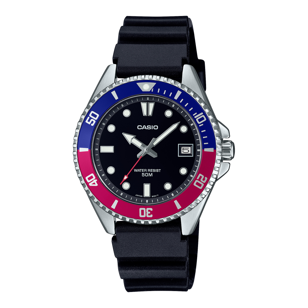 Collection Timeless - MDV-10-1A2VEF - Montre Casio – boîtier en acier inoxydable avec lunette tournante, bracelet en résine bio noire – vue de face