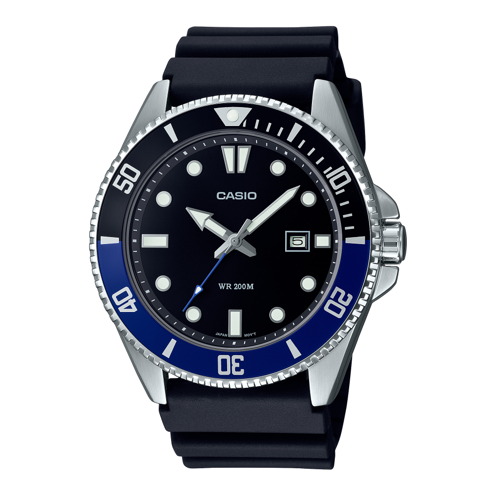 Collection Timeless - MDV-107-1A2VEF - Montre Casio – boîtier en acier argenté à lunette tournante, cadran noir, bracelet en résine noir – vue de face