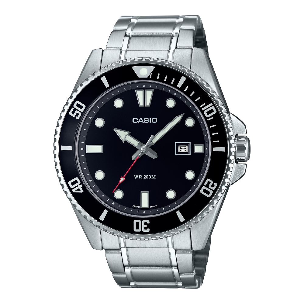 Collection Timeless - MDV-107D-1A1VEF - Montre Casio – boîtier en acier inoxydable argenté avec lunette tournante noire, cadran noir, bracelet en acier – vue de face