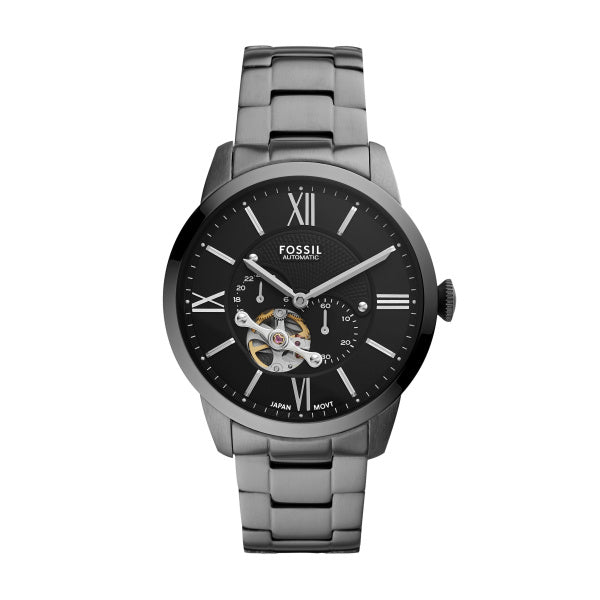 Montre homme Fossil Classics ME3172 – cadran noir bracelet acier anthracite – vue de face
