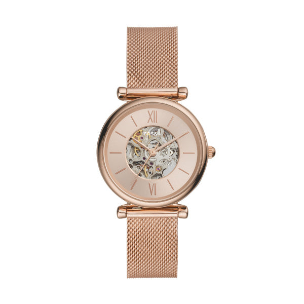 Montre femme Fossil Carlie ME3175 – cadran doré rose bracelet maille milanaise doré rose – vue de face