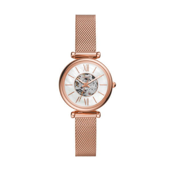 Montre femme Fossil Carlie ME3188 – cadran nacre bracelet maille milanaise doré rose – vue de face