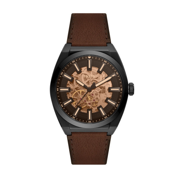 Montre homme Fossil Everett ME3207 – cadran noir bracelet cuir marron – vue de face