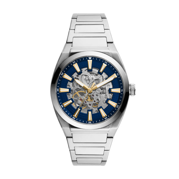 Montre homme Fossil Everett ME3220 – cadran bleu bracelet acier argenté – vue de face