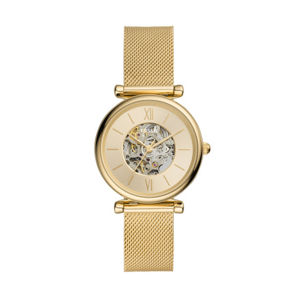 Montre femme Fossil Carlie Mechanical ME3250 – cadran doré bracelet maille milanaise doré – vue de face