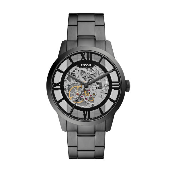 Montre homme Fossil Townsman ME3268 – cadran transparent bracelet acier anthracite – vue de face