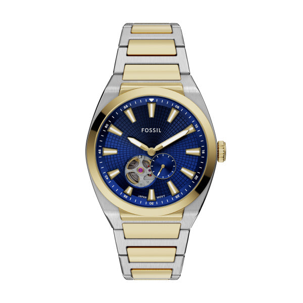 Montre homme Fossil Everett ME3275 – cadran bleu bracelet acier bicolore – vue de face