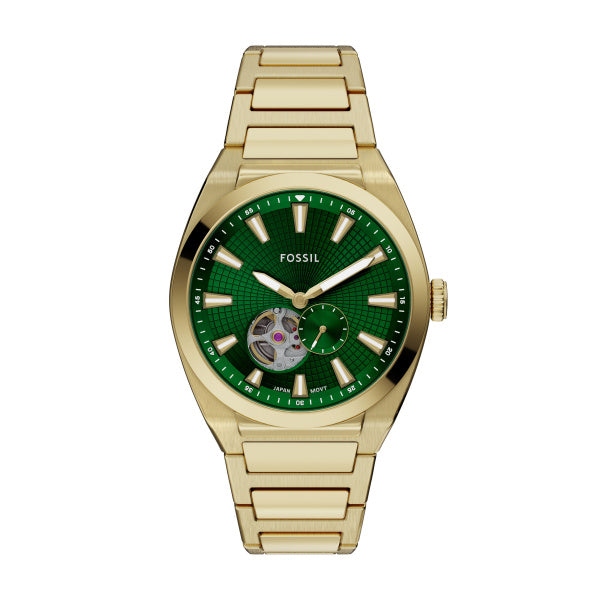 Montre homme Fossil Everett ME3276 – cadran vert bracelet acier doré – vue de face