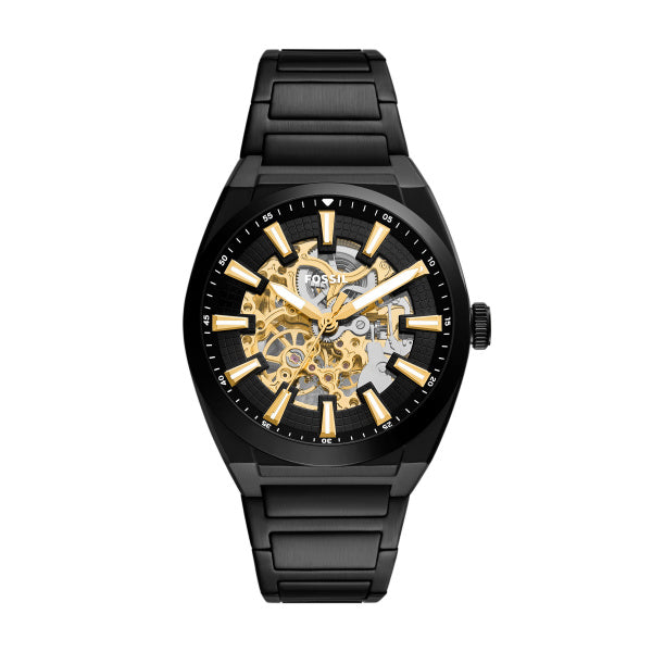 Montre homme Fossil Everett ME3289 – cadran noir bracelet acier noir – vue de face