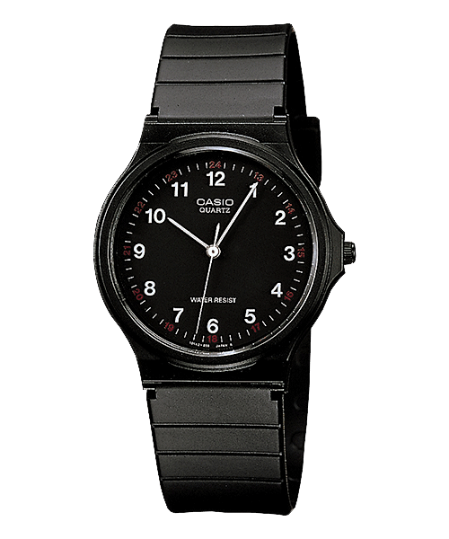 Collection Timeless - MQ-24-1BLLEG - Montre Casio – boîtier en résine noire, cadran noir à trois aiguilles, bracelet en résine noir – vue de face