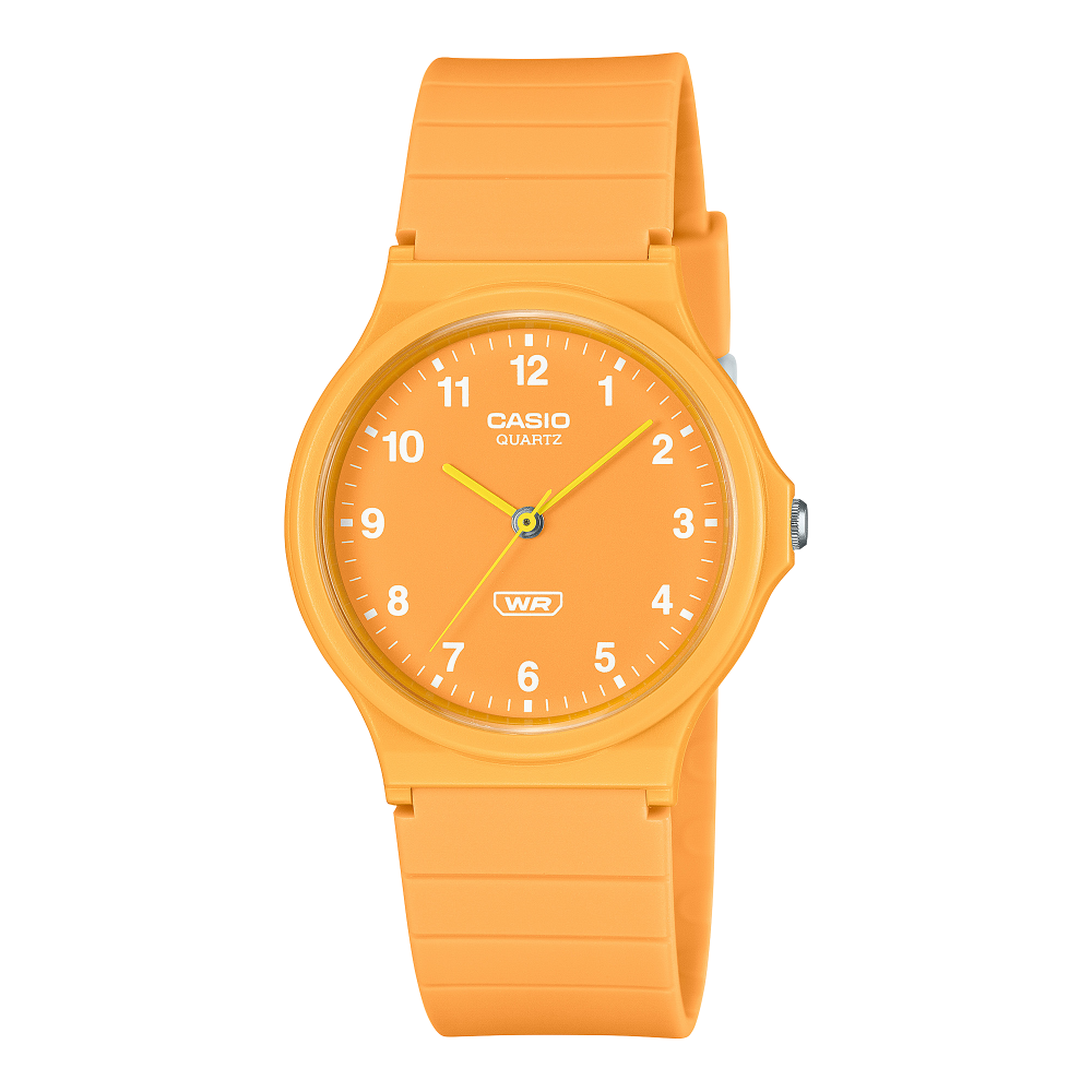 Collection Timeless - MQ-24B-9BEF - Montre Casio – boîtier en résine biosourcée jaune, bracelet en résine bio jaune – vue de face