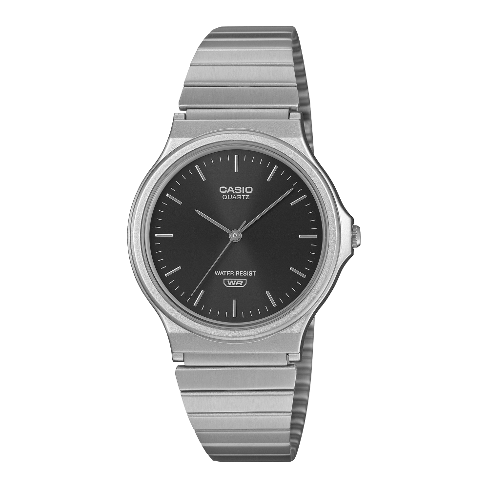 Collection Timeless - MQ-24DA-1AEF - Montre Casio – boîtier compact, cadran noir soleillé à index en relief, bracelet en acier inoxydable – vue de face