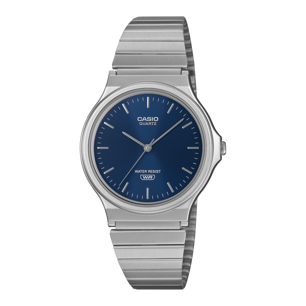 Collection Timeless - MQ-24DA-2AEF - Montre Casio – boîtier compact, cadran bleu soleillé à index en relief, bracelet en acier inoxydable – vue de face