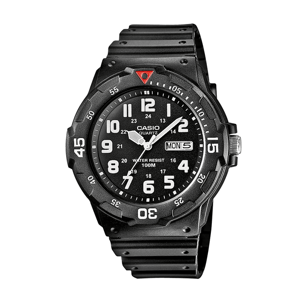 Collection Timeless - MRW-200H-1BVEG - Montre Casio – boîtier en résine noire avec lunette rotative, bracelet en résine noire – vue de face