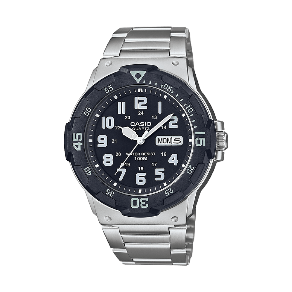 Collection Timeless - MRW-200HD-1BVEF - Montre Casio – boîtier en résine noire avec lunette tournante, bracelet en acier inoxydable – vue de face