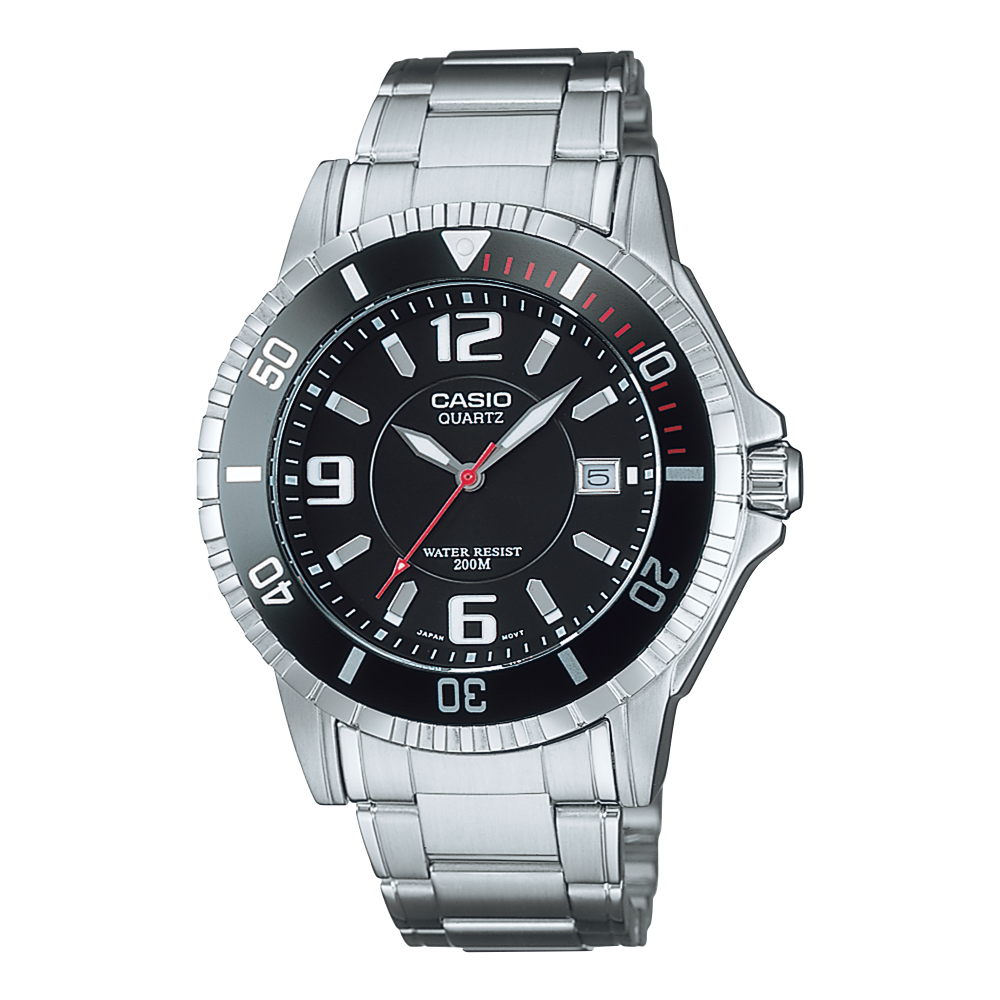 Collection Timeless - MTD-1053D-1AVES - Montre Casio – boîtier en acier inoxydable argenté, cadran noir, bracelet en acier – vue de face