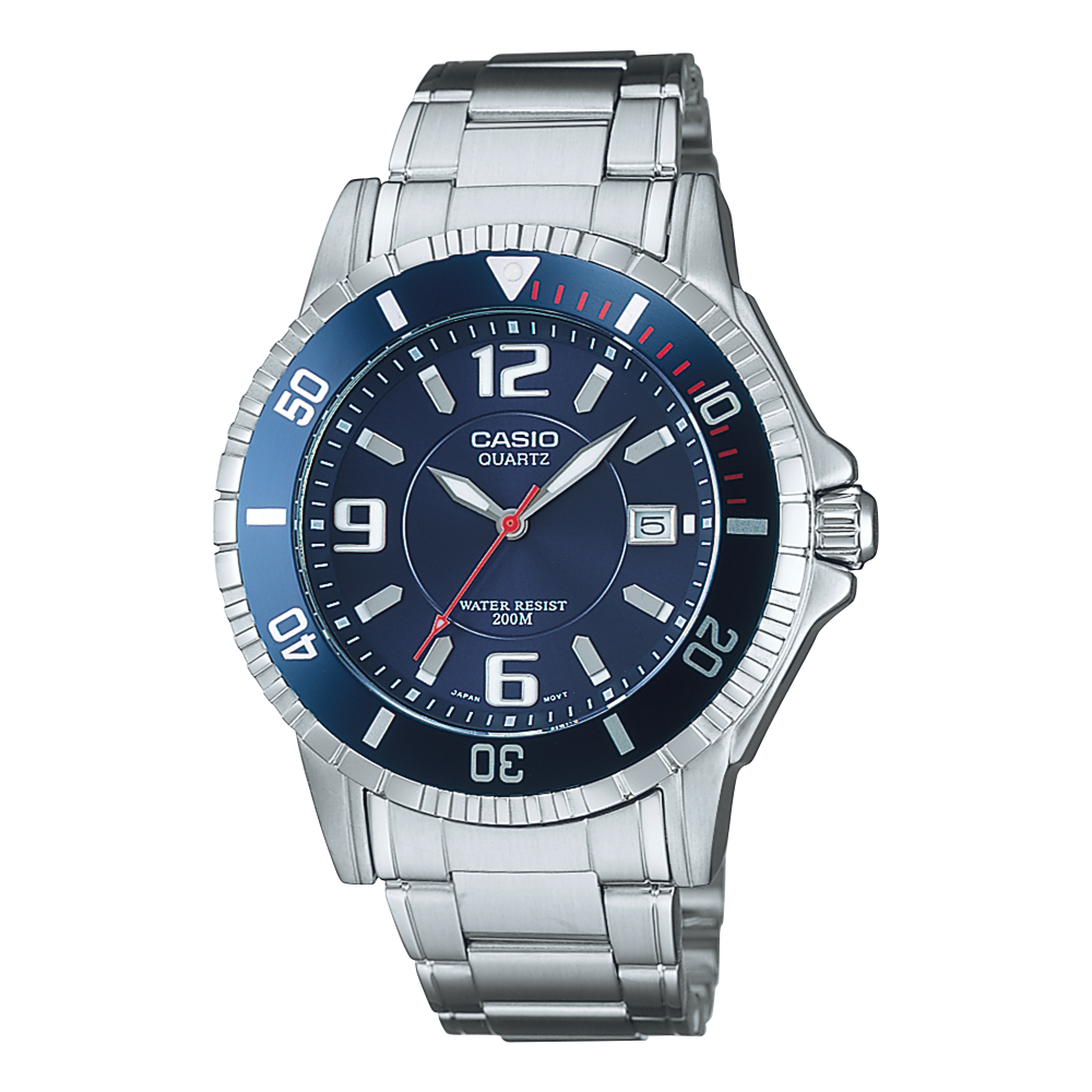 Collection Timeless - MTD-1053D-2AVES - Montre Casio – boîtier en acier inoxydable argenté, cadran bleu, bracelet en acier – vue de face