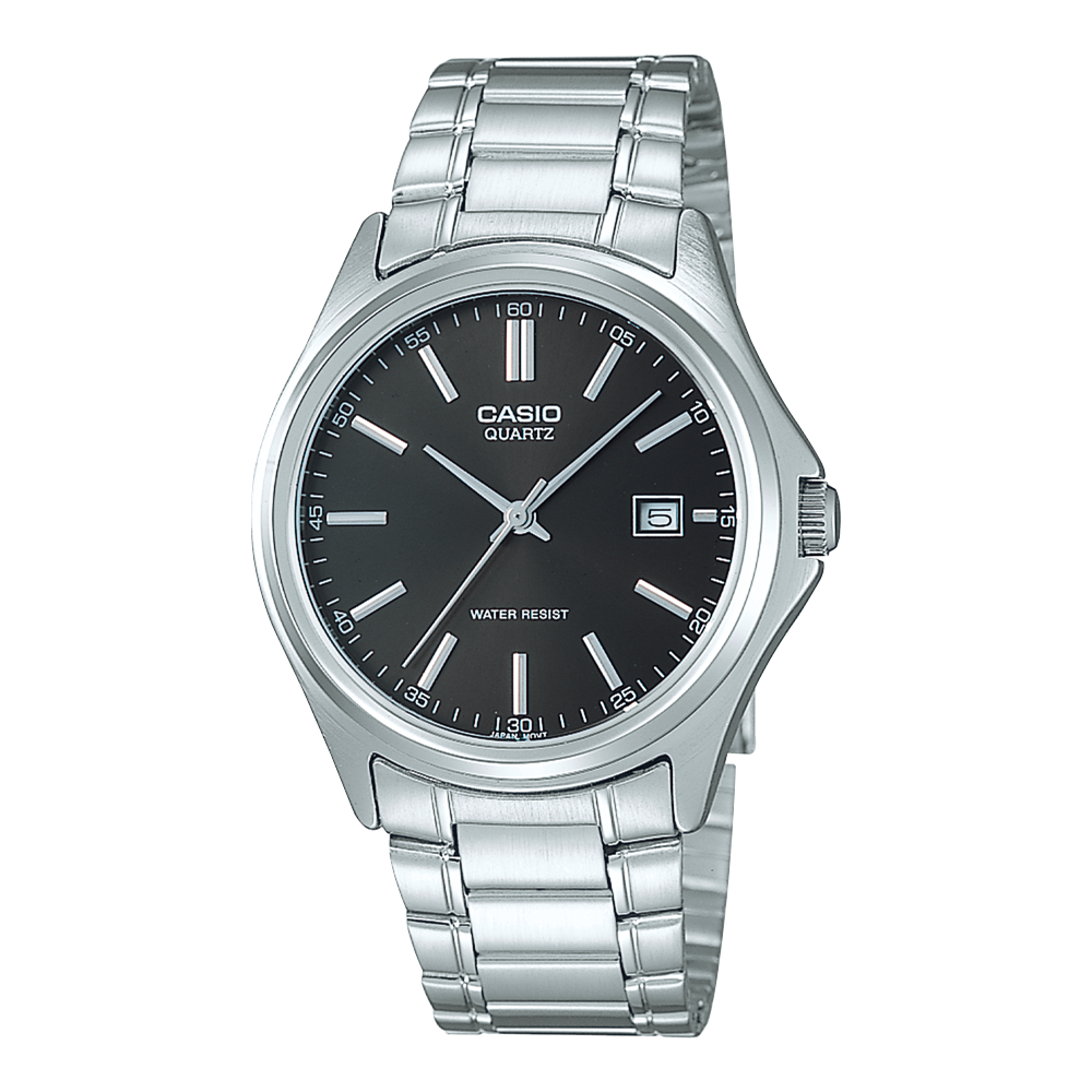 Collection Timeless - MTP-1183PA-1AEG - Montre Casio – boîtier à placage ionique, cadran noir avec date, bracelet en acier inoxydable – vue de face