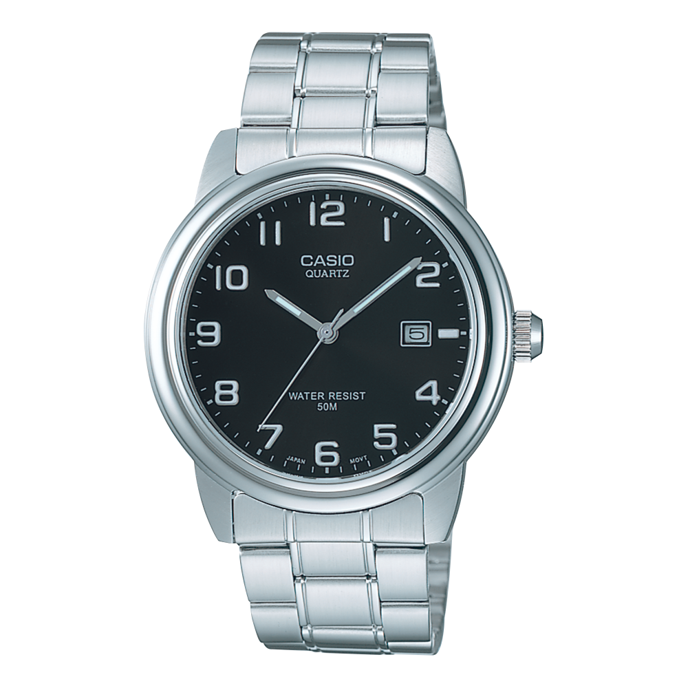 Collection Timeless - MTP-1221A-1AVEG - Montre Casio – boîtier en acier inoxydable argenté, cadran noir, bracelet en acier – vue de face