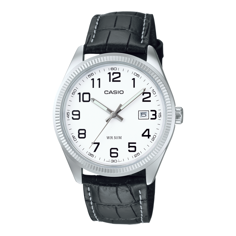 Collection Timeless - MTP-1302PL-7BVEF - Montre Casio – boîtier argenté à placage ionique, cadran clair avec date, bracelet en cuir véritable – vue de face