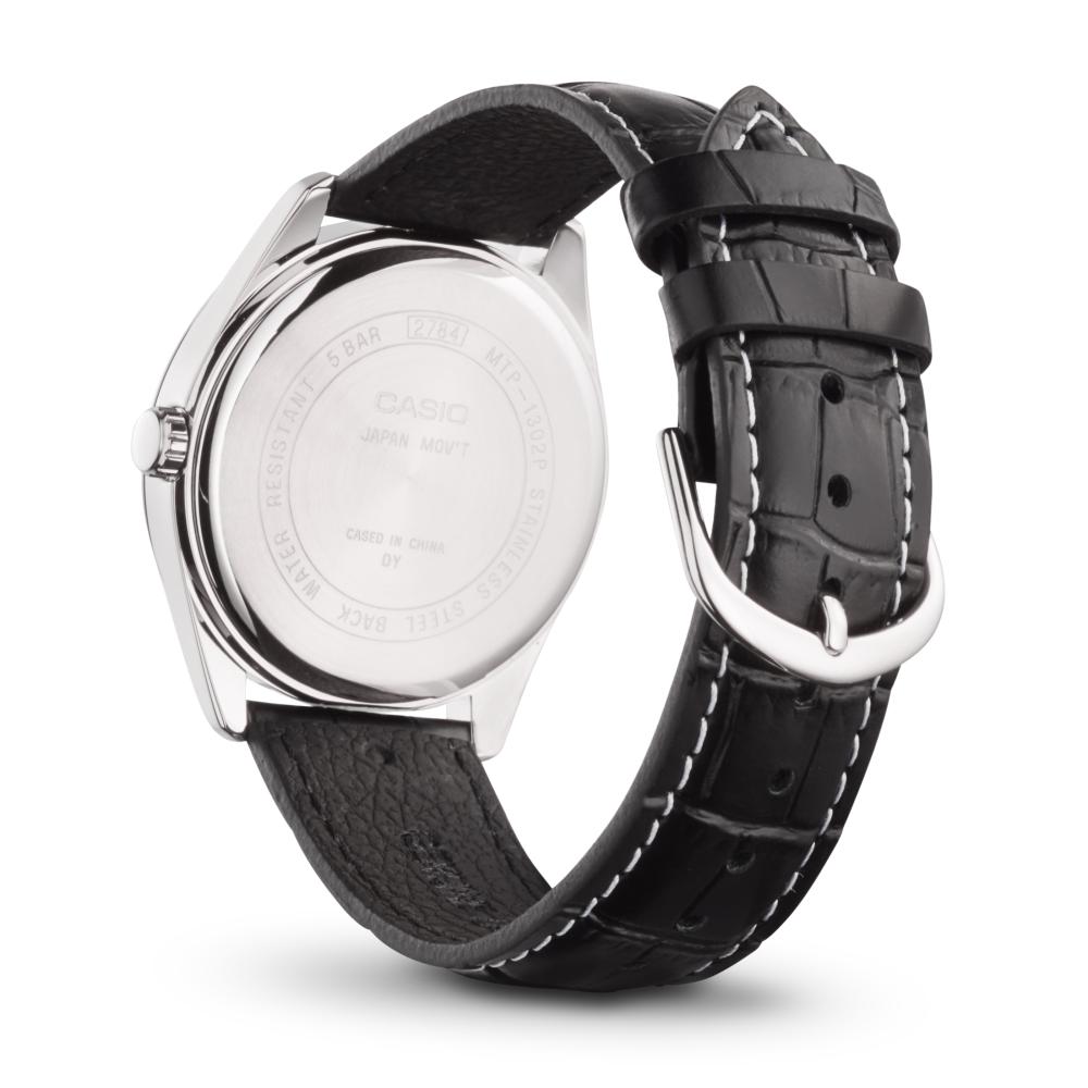 Collection Timeless - MTP-1302PL-7BVEF - Montre Casio – boîtier argenté à placage ionique, cadran clair avec date, bracelet en cuir véritable – vue 2