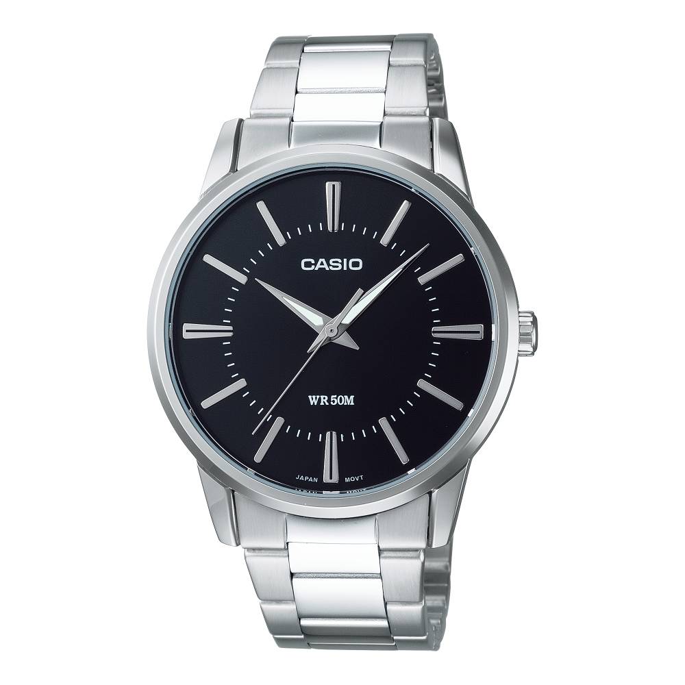 Collection Timeless - MTP-1303PD-1AVEG - Montre Casio – boîtier à placage ionique, cadran noir, bracelet en acier inoxydable argenté – vue de face