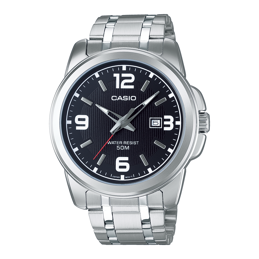 Collection Timeless - MTP-1314PD-1AVEF - Montre Casio – grand boîtier métallique à placage ionique, cadran noir, bracelet en acier inoxydable – vue de face