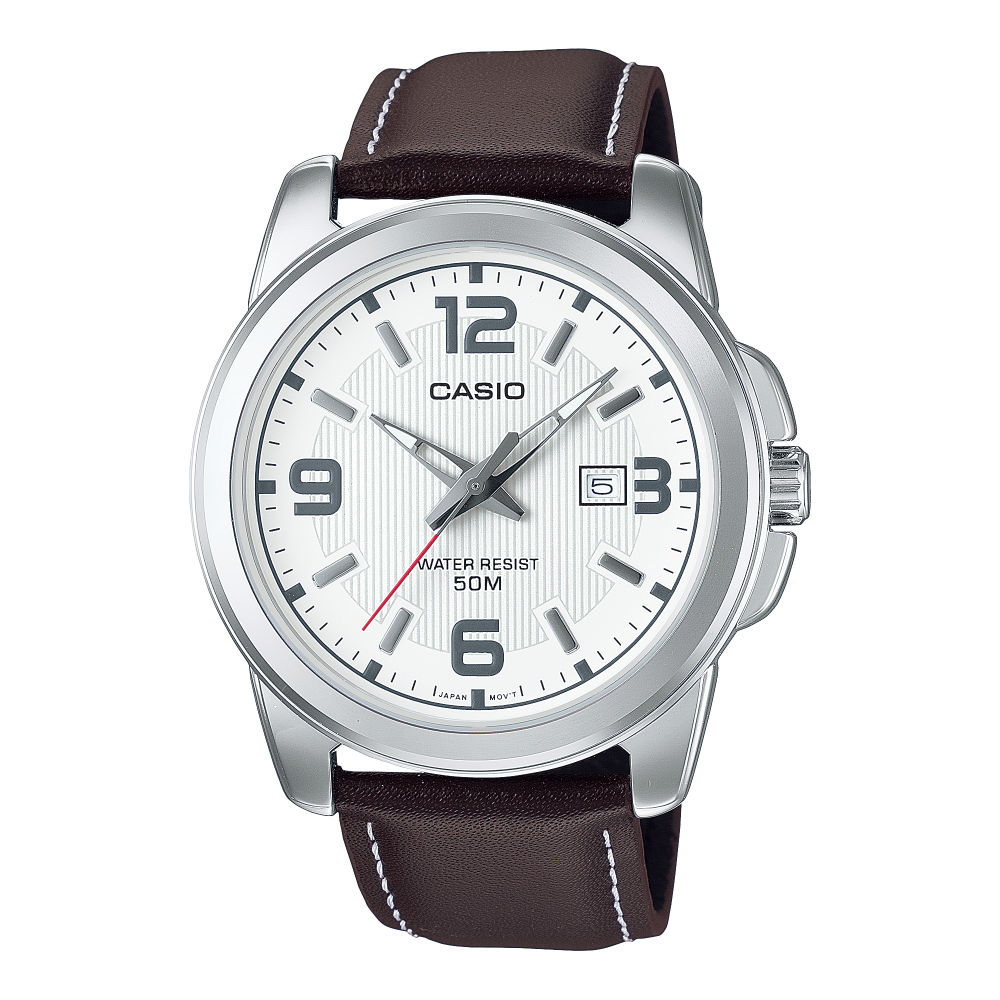 Collection Timeless - MTP-1314PL-7AVEF - Montre Casio – grand boîtier argenté à placage ionique, cadran clair avec date, bracelet en cuir véritable – vue de face