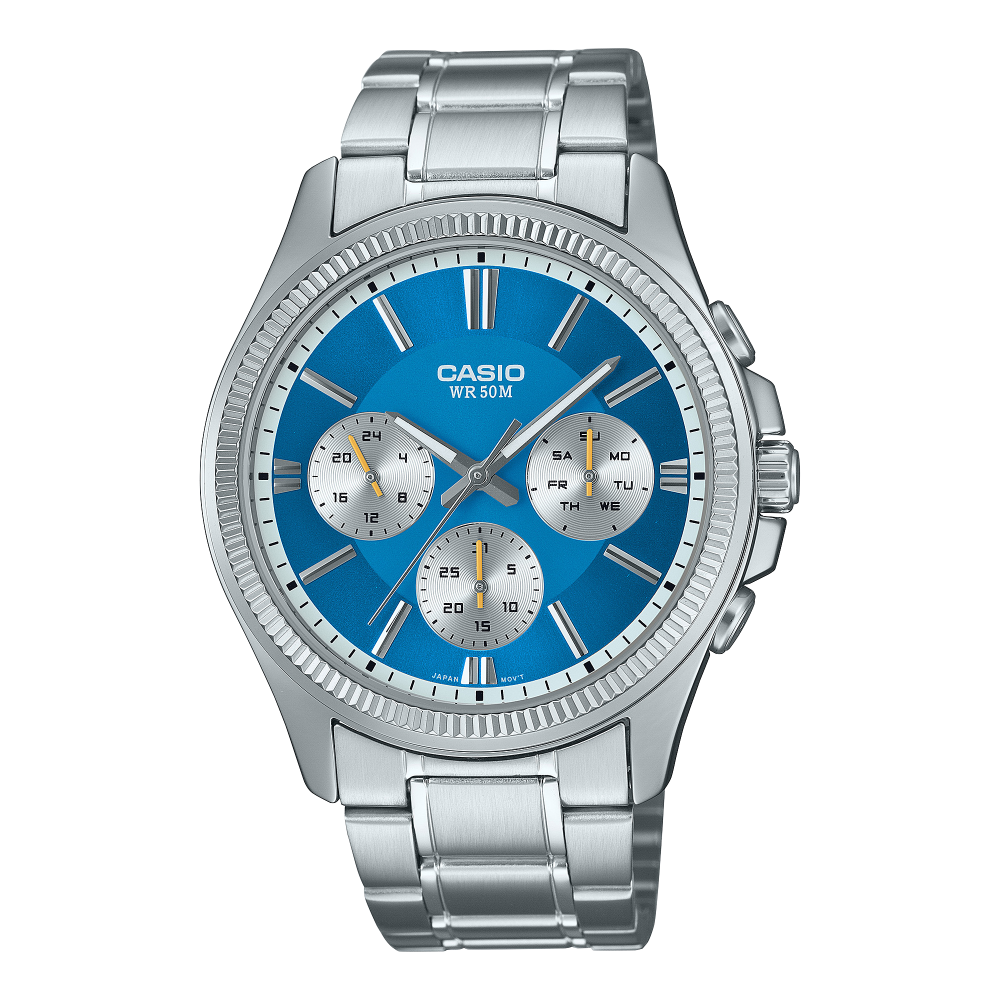 Collection Timeless - MTP-1375PD-2A2VEF - Montre Casio – boîtier métallique à placage ionique, cadran bleu à trois compteurs, bracelet en acier – vue de face