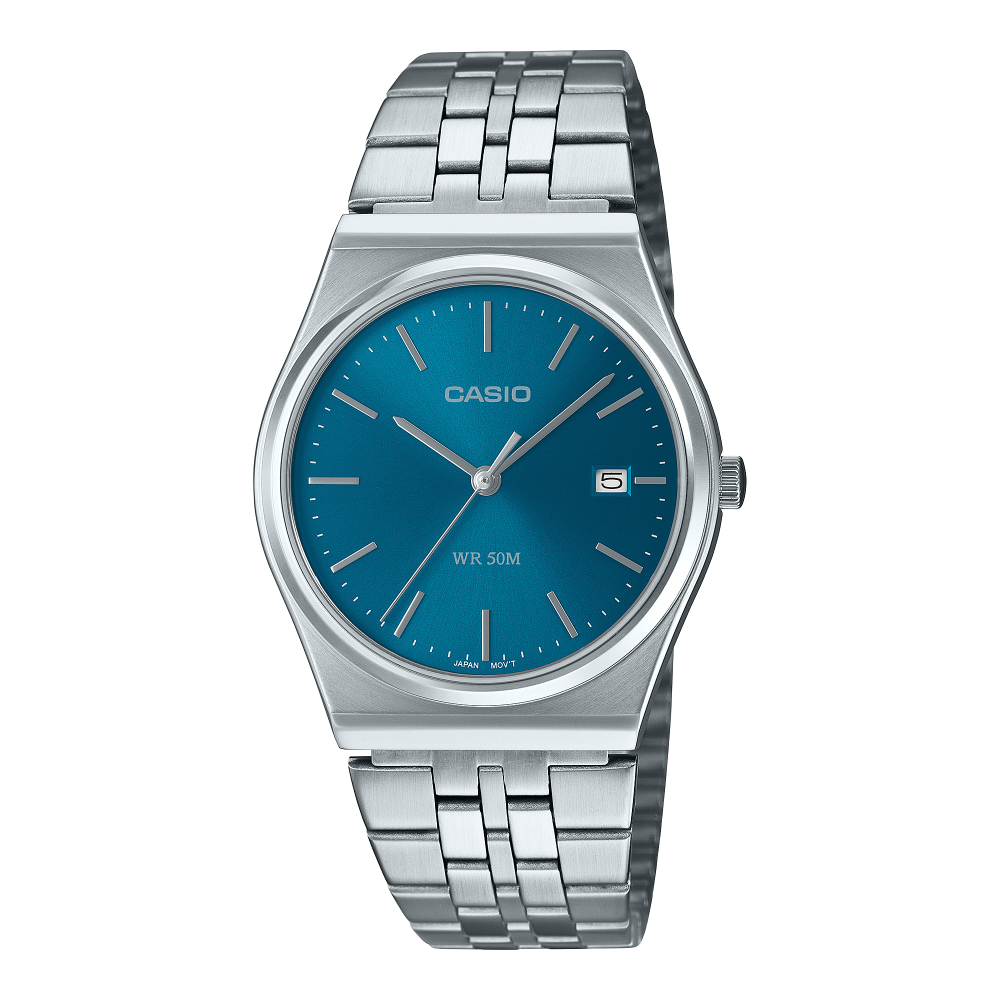 Collection Timeless - MTP-B145D-2A2VEF - Montre Casio – boîtier en acier inoxydable argenté, cadran bleu, bracelet en acier inoxydable – vue de face
