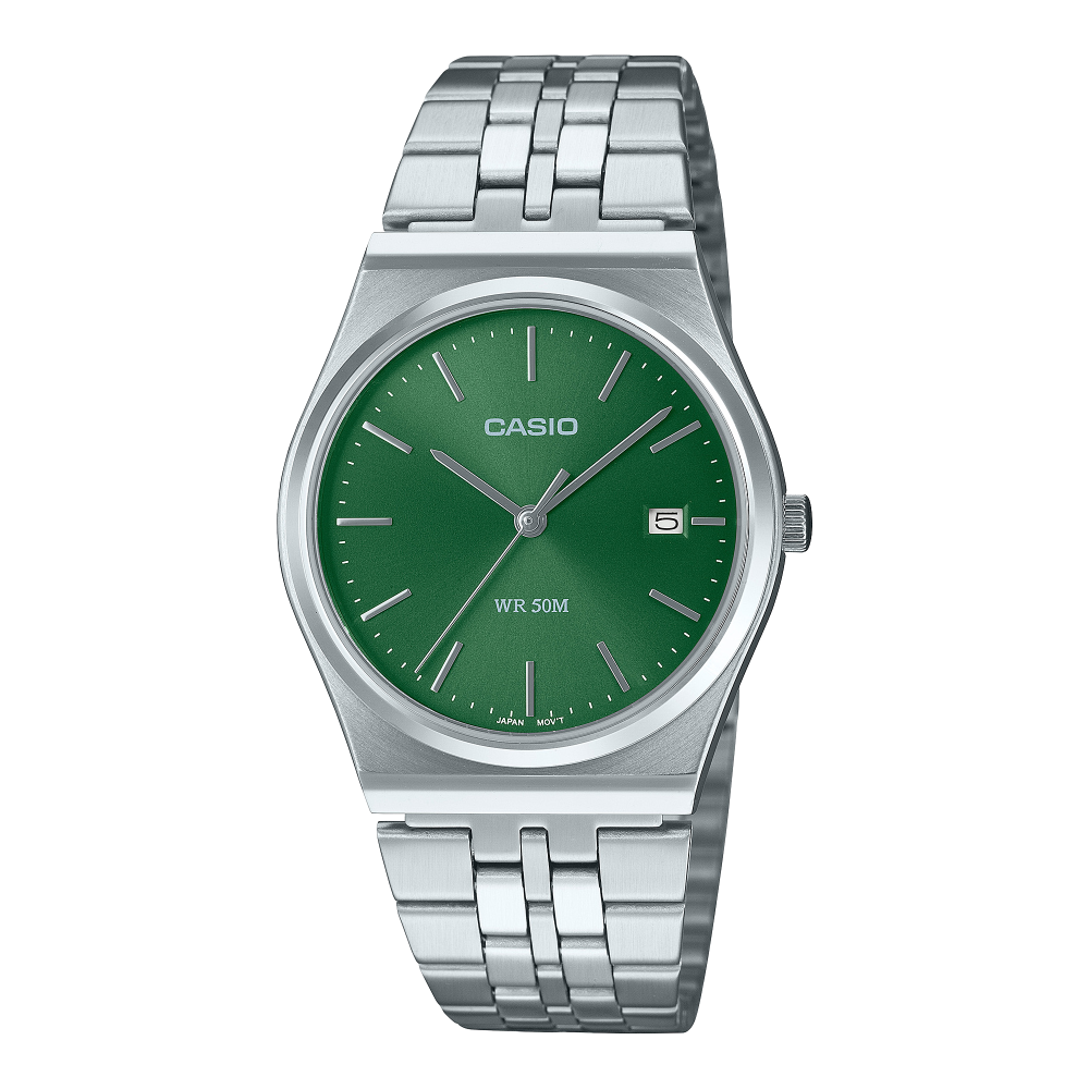Collection Timeless - MTP-B145D-3AVEF - Montre Casio – boîtier en acier inoxydable argenté, cadran vert, bracelet en acier inoxydable – vue de face