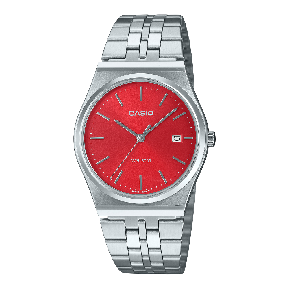 Collection Timeless - MTP-B145D-4A2VEF - Montre Casio – boîtier en acier inoxydable argenté, cadran rétro aux tons rose-rouge, bracelet en acier – vue de face