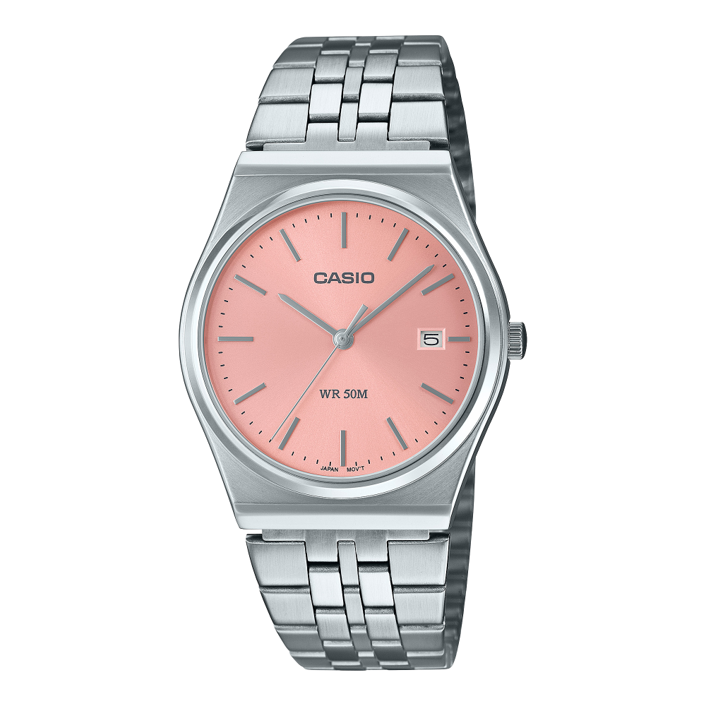 Collection Timeless - MTP-B145D-4AVEF - Montre Casio – boîtier en acier inoxydable argenté, cadran aux tons rouges rétro, bracelet en acier – vue de face