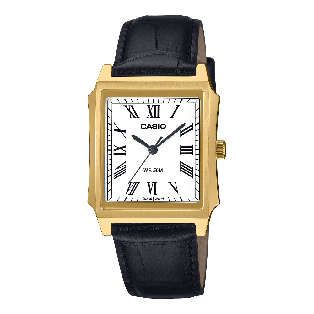 Collection Timeless - MTP-B190GL-7BVEF - Montre Casio – boîtier doré à placage ionique or, cadran clair, bracelet en cuir véritable – vue de face