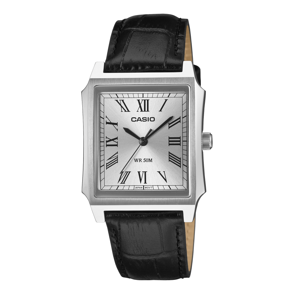 Collection Timeless - MTP-B190L-7BVER - Montre Casio – boîtier en acier argenté, verre sphérique, bracelet en cuir véritable – vue de face