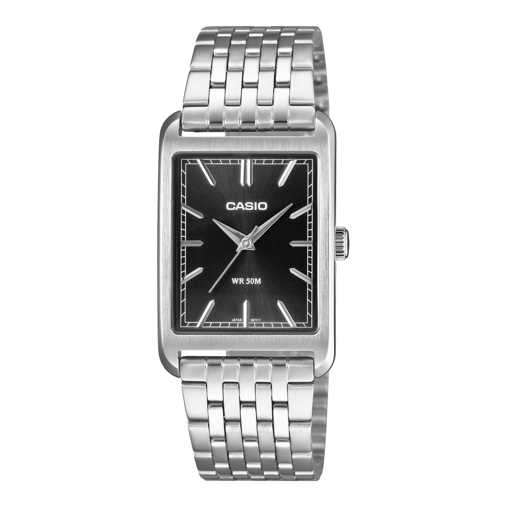Collection Timeless - MTP-B215D-1AVER - Montre Casio – montre analogique, boîtier en acier inoxydable argenté, cadran noir, bracelet en acier – vue de face