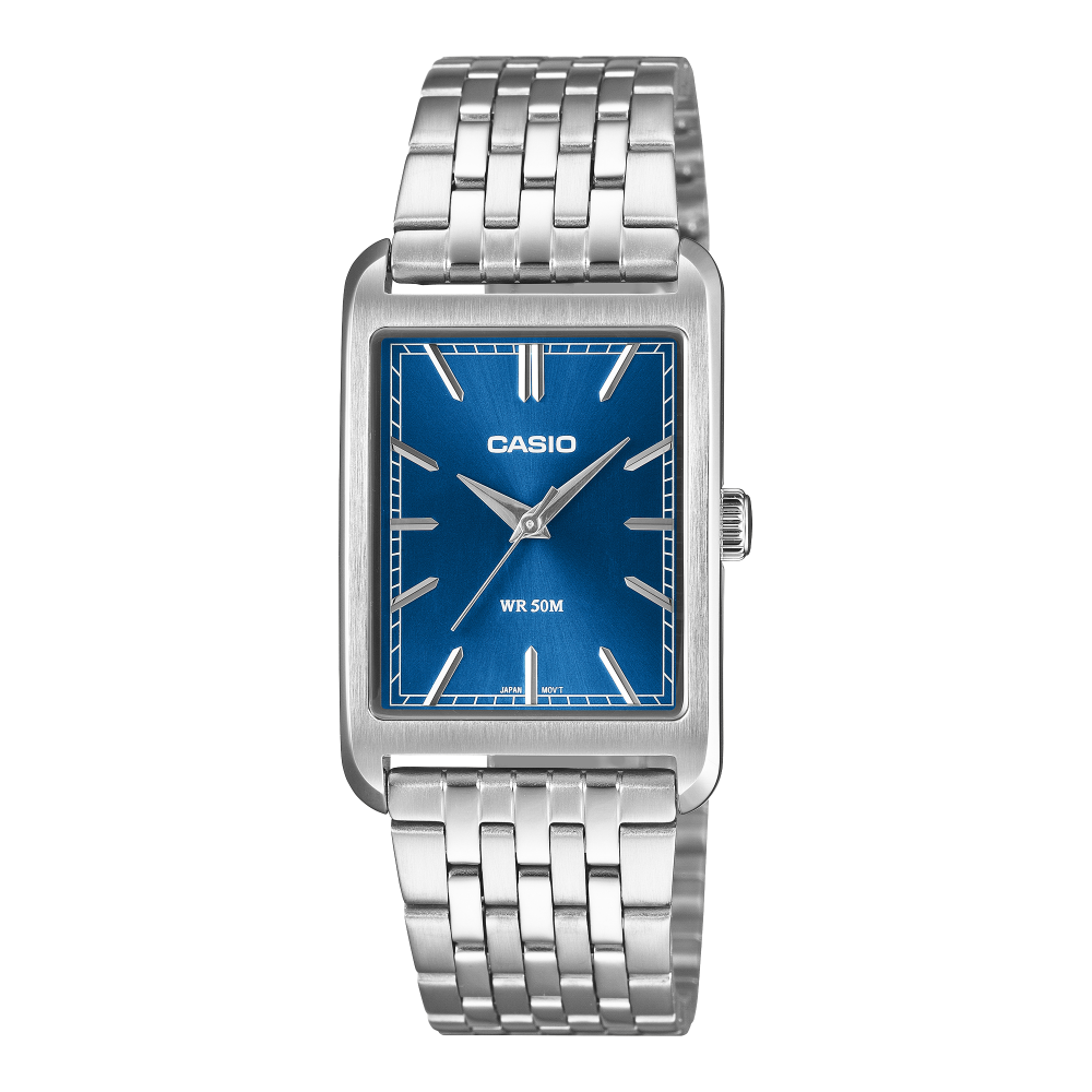 Collection Timeless - MTP-B215D-2AVER - Montre Casio – montre analogique, boîtier en acier inoxydable argenté, cadran bleu, bracelet en acier – vue de face