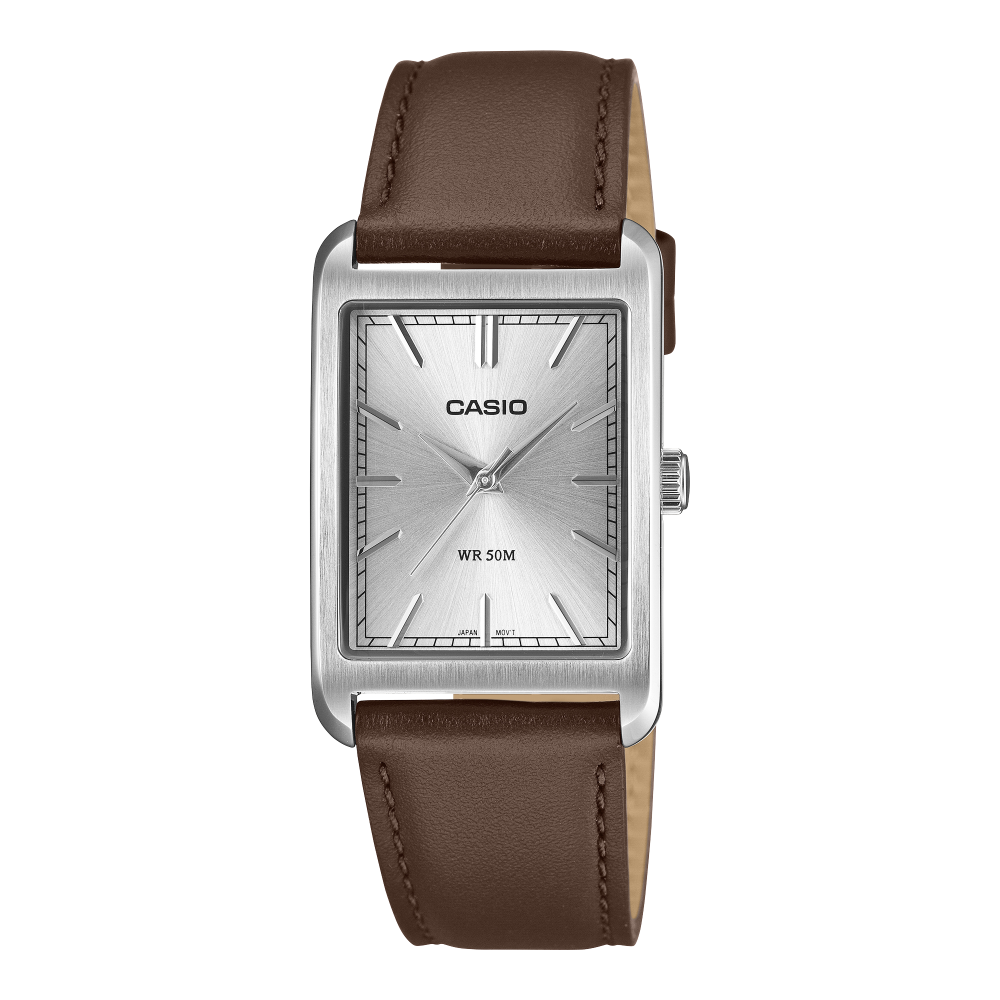 Collection Timeless - MTP-B215L-7AVER - Montre Casio – boîtier en acier inoxydable argenté, cadran clair, bracelet en cuir véritable – vue de face