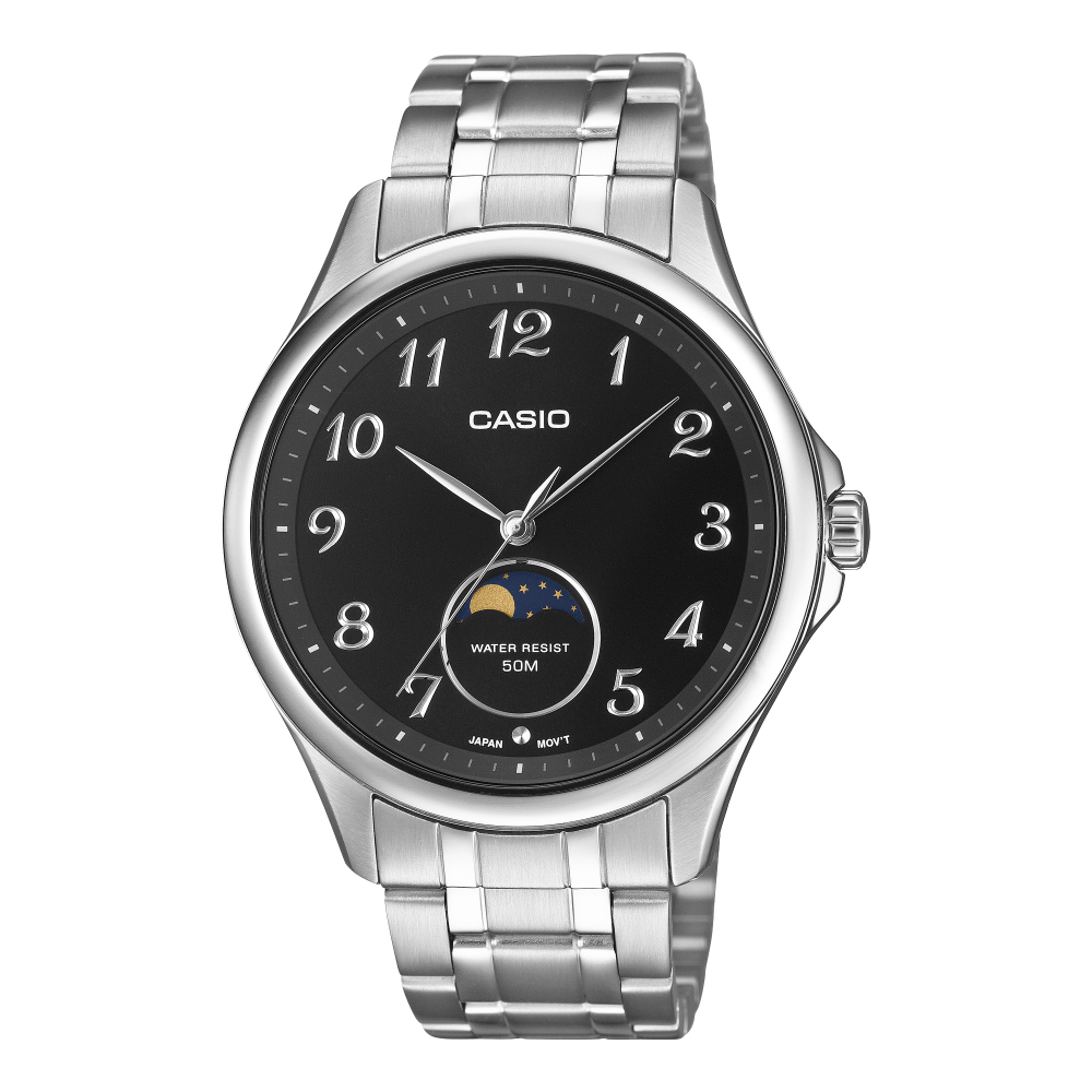 Collection Timeless - MTP-M110D-1AVER - Montre Casio – boîtier en acier inoxydable argenté, cadran noir avec phase de lune, bracelet en acier – vue de face