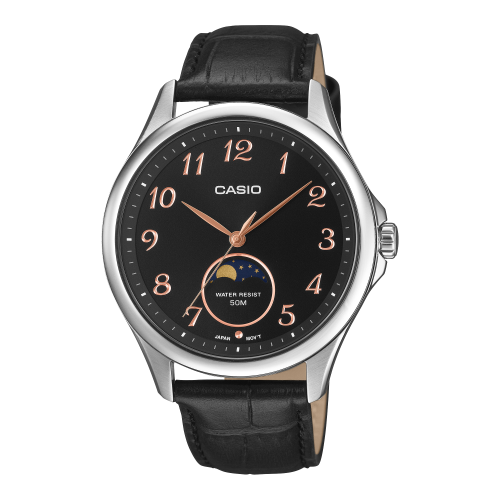 Collection Timeless - MTP-M110L-1AVER - Montre Casio – boîtier en acier inoxydable argenté, cadran noir à phase de lune, bracelet en cuir véritable – vue de face