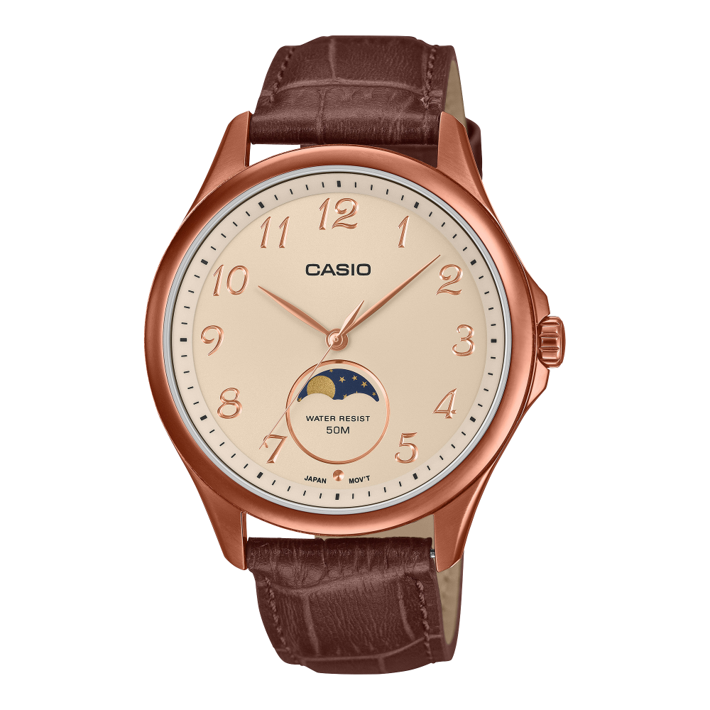 Collection Timeless - MTP-M110RL-5AVER - Montre Casio – boîtier à placage ionique rose doré, cadran à phase de lune, bracelet en cuir aux tons marron – vue de face