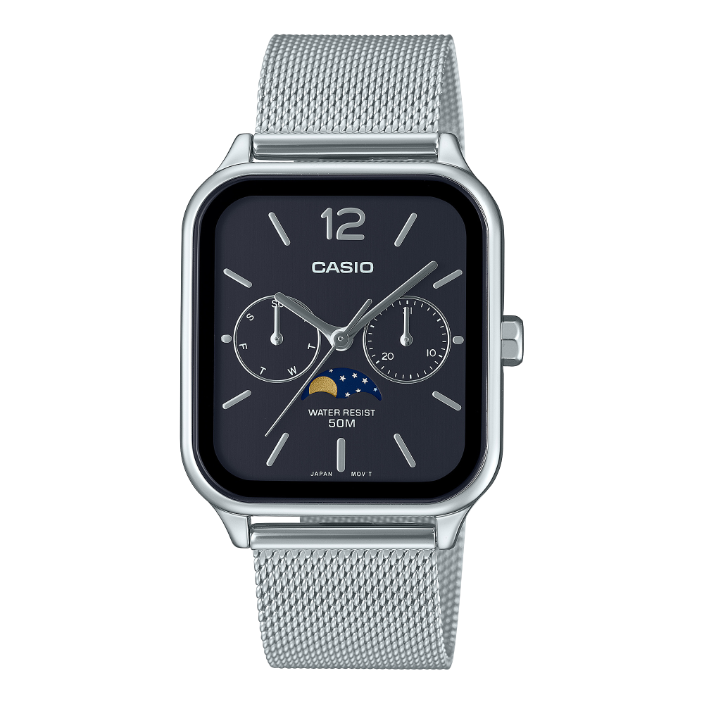 Collection Timeless - MTP-M305M-1AVER - Montre Casio – boîtier en acier argenté, cadran noir à trois compteurs, bracelet maille en acier inoxydable – vue de face
